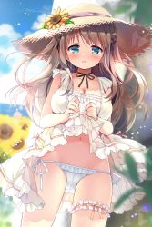 Rule 34 | 1girl, aqua eyes, blue sky, blush, breasts, bridal garter, brown hair, cleavage, clothes lift, collarbone, commentary request, day, dress, dress lift, flower, frilled dress, frills, hat, hat flower, highres, horizon, legwear garter, lifted by self, long hair, looking at viewer, medium breasts, nagayama yuunon, navel, ocean, open mouth, original, outdoors, panties, panties day, side-tie panties, single legwear garter, sky, sleeveless, sleeveless dress, solo, straw hat, sun hat, sundress, sunflower, underwear, wavy hair, white dress, white panties