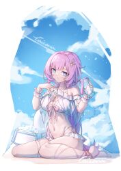Rule 34 | 1girl, :o, absurdres, artist name, bare legs, bare shoulders, barefoot, bikini, blue sky, bow, bowtie, breasts, bridal garter, caisena, cooler, cup, detached sleeves, elf, elysia (honkai impact), hair between eyes, hair ornament, highres, holding, holding cup, honkai (series), honkai impact 3rd, ice, large breasts, long hair, looking at viewer, midriff, navel, on ground, pink bow, pink bowtie, pink hair, pink pupils, pointy ears, puffy short sleeves, puffy sleeves, sand, short sleeves, sky, swimsuit, very long hair, white bikini