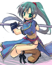 Rule 34 | 1girl, :d, boots, chibi, china dress, chinese clothes, dress, fingerless gloves, fire emblem, fire emblem: the blazing blade, full body, gloves, green eyes, green hair, katana, long hair, lyn (fire emblem), matching hair/eyes, nintendo, open mouth, ponytail, satou kibi, side slit, simple background, smile, solo, squatting, sword, thighs, very long hair, weapon, white background