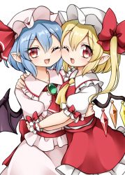 Rule 34 | 2girls, ascot, bat wings, blonde hair, blue hair, blush, bow, cheek-to-cheek, crystal, fang, fingernails, flandre scarlet, frilled shirt collar, frilled skirt, frills, happy, hat, hat bow, hat ribbon, heads together, highres, hug, looking at viewer, mob cap, multiple girls, one eye closed, open mouth, pointy ears, puffy short sleeves, puffy sleeves, red bow, red eyes, red skirt, red vest, remilia scarlet, ribbon, shoes, short hair, short sleeves, siblings, side ponytail, simple background, sisters, skirt, smile, suwa yasai, touhou, upper body, vest, white background, wings, wrist cuffs, yellow ascot