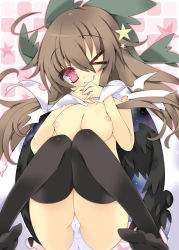 Rule 34 | &gt; o, 1girl, ;q, black thighhighs, bow, breasts, brown hair, cameltoe, cape, eyes visible through hair, hair bow, highres, knees together feet apart, long hair, looking at viewer, md5 mismatch, milkpanda, nipples, one eye closed, panties, red eyes, reiuji utsuho, sitting, solo, star (symbol), thighhighs, tongue, tongue out, touhou, underwear, wings, wink