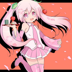 Rule 34 | 1girl, aged down, boots, cherry, detached sleeves, fang, food, food-themed hair ornament, fruit, hair ornament, hatsune miku, leg lift, long hair, necktie, nekono rin, pink eyes, pink footwear, pink hair, sakura miku, shirt, skirt, sleeveless, sleeveless shirt, smile, solo, thighhighs, tray, twintails, vocaloid
