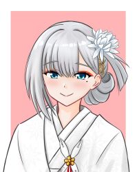 1girl azur_lane blue_eyes blush commentary commentary_request crane_enthusiast dress english_commentary grey_hair hair_between_eyes hair_bun hair_intakes japanese_clothes kimono lotus_hair_ornament mole official_alternate_costume shoukaku_(azur_lane) side_part smile upper_body wedding_dress white_kimono