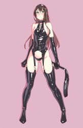 Rule 34 | 1girl, arms at sides, bare hips, bare shoulders, black corset, black footwear, black garter straps, black gloves, black hairband, black leotard, black thighhighs, blush, bondage outfit, boots, breasts, brown hair, cat o&#039; nine tails, center opening, clenched hands, closed mouth, collarbone, commentary, corset, cross-laced clothes, dominatrix, elbow gloves, embarrassed, frown, full body, furrowed brow, garter straps, glasses, gloves, gluteal fold, green eyes, hairband, high heel boots, high heels, highleg, highleg leotard, highres, hip focus, holding, kantai collection, latex, latex corset, latex gloves, latex leotard, legs, legs apart, leotard, long hair, looking away, medium breasts, ooyodo (kancolle), parted bangs, pink background, round eyewear, semi-rimless eyewear, shiny clothes, sideboob, sideways glance, simple background, skin tight, solo, standing, thigh boots, thighhighs, turtleneck, under-rim eyewear, v-shaped eyebrows, whip, yuuji (and)