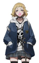 Rule 34 | 1girl, anti-eyebrow piercing, backpack, bag, black thighhighs, blowing bubbles, blue eyes, chain, chain necklace, chewing gum, choker, drawstring, ear piercing, earrings, female focus, half-closed eyes, hands in pockets, highres, hood, hood down, hoodie, jacket, jewelry, looking at viewer, necklace, original, piercing, plaid, plaid skirt, pleated skirt, print hoodie, school uniform, simple background, skirt, solo, suit jacket, tabao, thighhighs, white background, white hoodie