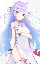 1girl absurdres ahoge azur_lane black_ribbon black_wrist_cuffs bun_cover china_dress chinese_clothes cleavage_cutout clothing_cutout commentary_request covered_navel double_bun dress falling_petals floral_print hair_bun hair_ornament hair_ribbon highres long_bangs long_hair mashiro281 petals purple_eyes purple_hair raised_eyebrows red_ribbon ribbon shoulder_cutout side_slit sidelocks solo tears thighhighs unicorn_(azur_lane) unicorn_(the_gift_of_spring)_(azur_lane) white_dress wrist_cuffs