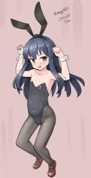 Rule 34 | 1girl, absurdres, akatsuki (kancolle), animal ears, badge, black hair, black leotard, black pantyhose, dated, flat chest, full body, grey eyes, highres, kantai collection, leotard, maru (marg0613), mary janes, one-hour drawing challenge, pantyhose, pink background, playboy bunny, rabbit ears, rabbit pose, red footwear, shoes, solo, strapless, strapless leotard, twitter username, wrist cuffs