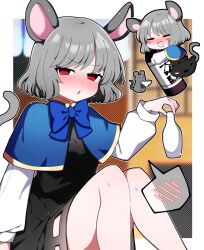 Rule 34 | 1girl, absurdres, animal, animal ears, black dress, blue capelet, blush, capelet, closed eyes, dress, drooling, grey hair, highres, holding, long sleeves, mouse (animal), mouse ears, mouse tail, mouth drool, multiple views, nazrin, open mouth, red eyes, short hair, spoken blush, tail, touhou, you (noanoamoemoe)