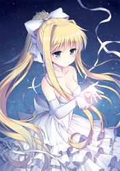 Rule 34 | 00s, 1girl, air (visual novel), bare shoulders, blonde hair, blue eyes, blush, bow, breasts, choker, cleavage, collarbone, cowboy shot, dress, frilled dress, frills, gloves, hair bow, highres, kamio misuzu, long hair, mauve, ponytail, ribbon, sidelocks, smile, solo, standing, star (symbol), starry background, strapless, strapless dress, very long hair, white bow, white dress, white gloves, white ribbon