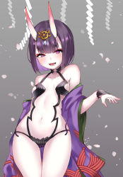 Rule 34 | 1girl, :d, bob cut, fate/grand order, fate (series), grey background, highres, horns, looking at viewer, navel, open mouth, pale skin, purple eyes, purple hair, short hair, shuten douji (fate), smile, solo, sunege (hp0715)