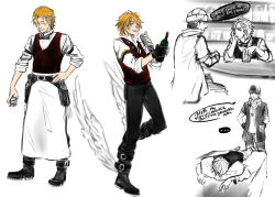 Rule 34 | 10s, 2boys, acidfreecoke, amata sora, andy w hall, apron, aquarion (series), aquarion evol, bar (place), bartender, belt, bottle, buckle, from side, glass, hair over one eye, hand on own hip, male focus, multiple boys, simple background, standing, upper body, waist apron, waiter, white background