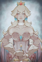 Rule 34 | 1girl, blonde hair, crown, earrings, frown, gauntlets, highres, holding, holding sword, holding weapon, jewelry, knight, kumanz, long hair, looking at viewer, mario (series), nintendo, princess peach, solo, sphere earrings, strapless, sword, upper body, weapon