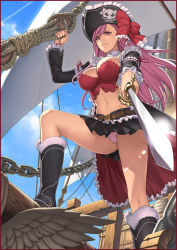 Rule 34 | 10s, 1girl, boots, bow, breasts, bustier, captain liliana, cleavage, cloud, day, hat, jolly roger, knee boots, large breasts, leg up, legs, lingerie, long hair, midriff, miniskirt, navel, oda non, outdoors, panties, pantyshot, pink eyes, pink hair, pink panties, pirate, pirate hat, pirate ship, pleated skirt, queen&#039;s blade, queen&#039;s blade rebellion, ribbon, ship, skirt, skull and crossbones, skull and crossed swords, sky, smile, solo, sword, thighs, underwear, upskirt, very long hair, watercraft, weapon