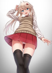 Rule 34 | 1girl, :d, ahoge, arm up, black thighhighs, blush, breasts, collared shirt, fang, from below, gradient background, green eyes, grey background, hair between eyes, highres, light brown hair, long hair, long sleeves, looking at viewer, nail polish, open mouth, original, panties, pleated skirt, red nails, red skirt, school uniform, shirt, skirt, small breasts, smile, solo, standing, sweater vest, thighhighs, twintails, underwear, upskirt, very long hair, white background, white panties, white shirt, yakob labo