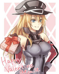 Rule 34 | 10s, 1girl, argyle, argyle background, argyle clothes, bismarck (kancolle), blonde hair, blue eyes, breasts, detached sleeves, female focus, gift, gloves, happy valentine, hat, kantai collection, large breasts, long hair, lowres, nekoyanagi reo, smile, solo, twitter username