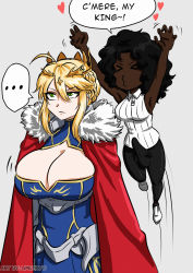 Rule 34 | &gt; &lt;, ..., 2girls, :o, armor, arms up, artoria pendragon (fate), artoria pendragon (lancer) (fate), black hair, blonde hair, breasts, bulge, cape, clothes, crown, dark-skinned female, dark skin, english text, erection, erection under clothes, expressionless, fate/grand order, fate (series), futanari, green eyes, heart, highres, huge breasts, huge penis, long hair, medium hair, multiple girls, penis, red cape, speech bubble, testicles, umeyiyo