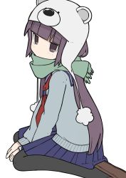 Rule 34 | 1girl, black pantyhose, blue skirt, blunt bangs, character request, closed mouth, copyright request, expressionless, highres, long hair, long sleeves, looking at viewer, neckerchief, pantyhose, pleated skirt, purple eyes, purple hair, red neckerchief, school uniform, serafuku, skirt, solo, yoyohachi