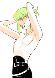 Rule 34 | 1boy, adjusting hair, androgynous, bae (baebae), green hair, hair tie in mouth, highres, lio fotia, male focus, mouth hold, nipples, promare, purple eyes, solo, topless male, tying hair