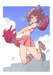 Rule 34 | 1girl, ahoge, arm up, bare shoulders, blue sky, blush, border, brown eyes, brown hair, cheerleader, cloud, commentary request, crop top, embarrassed, eyes visible through hair, flag, flat chest, green scrunchie, hair ornament, hair scrunchie, hairclip, heart, highres, kneehighs, midriff, navel, open mouth, outdoors, outside border, pink skirt, pleated skirt, podium, pom pom (cheerleading), ponytail, screentones, scrunchie, skirt, sky, socks, solo, sweat, touhoku kiritan, voiceroid, white border, white footwear, yamamomo (plank), yellow socks