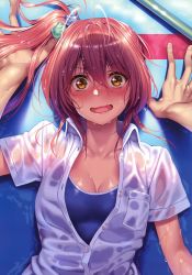 Rule 34 | 1girl, absurdres, blue one-piece swimsuit, blush, breasts, brown eyes, buttons, collarbone, fingernails, hair bobbles, hair ornament, highres, hinoura nanaka, long hair, looking at viewer, medium breasts, one-piece swimsuit, open mouth, original, out of frame, pink hair, piromizu, shiny skin, shirt, short sleeves, swimsuit, swimsuit under clothes, upper body, water, water drop, wet, wet clothes, white shirt