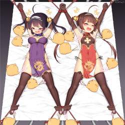 Rule 34 | +++, 2girls, = =, ^ ^, afterimage, ahoge, animal, armpits, arms up, artist name, asymmetrical legwear, azur lane, bare shoulders, bdsm, bird, black eyes, black gloves, black hair, black legwear, black panties, blank eyes, blush, blush stickers, bondage, bound, bound ankles, bound wrists, breasts, breasts apart, brown hair, brush, china dress, chinese clothes, cleavage cutout, closed eyes, clothing cutout, collar, covered navel, dragon print, dress, elbow gloves, feathers, female focus, from above, full body, gloves, hair ornament, hair rings, hairband, half-closed eyes, holding, holding brush, holding feather, holding hands, huoji (wonderturkey), interlocked fingers, laughing, long hair, lying, manjuu (azur lane), medium breasts, mismatched legwear, motion lines, multiple girls, ning hai (azur lane), nose blush, o-ring, o-ring bottom, o-ring panties, on back, on bed, open mouth, outstretched arms, panties, pelvic curtain, ping hai (azur lane), purple dress, purple eyes, red dress, rope, see-through, side-tie panties, side slit, sidelocks, signature, skindentation, sleeveless, sleeveless dress, small breasts, smile, spread legs, string panties, symmetry, tears, thighhighs, tickling, tickling armpits, tickling feet, tickling legs, tickling sides, twintails, underwear, white background, white hairband, white panties