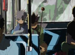 Rule 34 | 2boys, bandages, black hair, bus, fishing rod, gon freecss, highres, hunter x hunter, killua zoldyck, leaning on person, male focus, mito tomiko, motor vehicle, multiple boys, sketch, sleeping, sleeping on person, sleeping upright, white hair