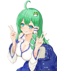Rule 34 | 1girl, :d, ahoge, aqua eyes, asahiruhizashi, bent over, blue skirt, breasts, cleavage, double v, frog hair ornament, green hair, grin, hair ornament, hair tubes, highres, kochiya sanae, large breasts, long hair, looking at viewer, open mouth, shirt, simple background, skirt, smile, snake hair ornament, solo, touhou, v, white background, white shirt, wide sleeves