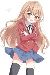 Rule 34 | 1girl, aisaka taiga, black ribbon, black thighhighs, blazer, blue skirt, blush, brown eyes, brown hair, buttons, collared shirt, commentary request, double-breasted, hair between eyes, highres, jacket, long hair, long sleeves, oohashi high school uniform, open mouth, partial commentary, pleated skirt, red jacket, ribbon, school uniform, shirt, signature, simple background, skirt, solo, standing, sugutsuka rerun, teeth, thighhighs, toradora!, upper teeth only, white background, white shirt