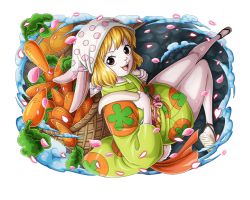 Rule 34 | 1girl, 1other, animal ears, bare shoulders, blonde hair, blush, breasts, rabbit, rabbit ears, rabbit tail, carrot, carrot (one piece), dress, food, furry, happy, japanese clothes, jumping, looking at viewer, looking to the side, medium breasts, official art, one piece, one piece: treasure cruise, rabbit girl, short dress, short hair, skirt, tail, vegetable