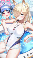 2girls absurdres animal_ears antenna_hair blonde_hair blue_archive blue_eyes blue_hair blue_halo blush breasts clenched_teeth competition_swimsuit covered_navel dog_ears double_bun extra_ears fubuki_(blue_archive) fubuki_(swimsuit)_(blue_archive) hair_bun hair_over_one_eye halo highres kanna_(blue_archive) kanna_(swimsuit)_(blue_archive) kuromiz large_breasts lifebuoy long_hair multicolored_hair multiple_girls official_alternate_costume one-piece_swimsuit open_mouth pink_halo ponytail red_eyes sharp_teeth short_hair small_breasts smile swim_ring swimsuit teeth v whistle whistle_around_neck white_one-piece_swimsuit