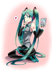 Rule 34 | 1girl, aqua eyes, aqua hair, artist name, bare shoulders, black thighhighs, blush, caffein, detached sleeves, finger to mouth, hatsune miku, headphones, heart, highres, holding, long hair, nail polish, necktie, one eye closed, pink background, pleated skirt, seiza, simple background, sitting, skirt, smile, solo, thighhighs, twintails, very long hair, vocaloid, wink, zettai ryouiki