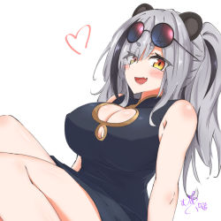 Rule 34 | 1girl, animal ears, arknights, black hair, blush, breasts, china dress, chinese clothes, cleavage, cleavage cutout, clothing cutout, dress, eyes visible through hair, eyewear on head, fang, feater (arknights), feet out of frame, grey hair, highres, knees up, large breasts, long hair, looking at viewer, maiq06, multicolored hair, open mouth, orange eyes, panda ears, ponytail, sitting, sleeveless, solo, streaked hair, sunglasses, thick eyebrows