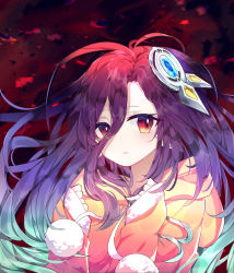 Rule 34 | 1girl, :&lt;, android, fuzzy balls, hair between eyes, hair ornament, highres, hood, hoodie, multicolored hair, no game no life, no game no life zero, purple hair, robot ears, shuvi (no game no life), yellow eyes