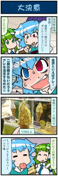 Rule 34 | 2girls, 4koma, artist self-insert, blue eyes, blue hair, blush, closed eyes, comic, commentary request, detached sleeves, display case, emphasis lines, food, frog hair ornament, gold, gradient background, green eyes, green hair, hair ornament, hair tubes, heterochromia, highres, holding, holding umbrella, ice cream, ice cream cone, juliet sleeves, kochiya sanae, long hair, long sleeves, mizuki hitoshi, multiple girls, nontraditional miko, open mouth, puffy sleeves, red eyes, short hair, smile, snake hair ornament, soft serve, sweatdrop, tatara kogasa, tongue, tongue out, touhou, translation request, umbrella, vest
