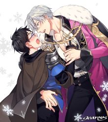 Rule 34 | 10s, 2boys, absurdres, armor, artist name, black hair, blue-framed eyewear, blue eyes, blush, brown eyes, cape, eye contact, fur trim, gearous, glasses, hand on another&#039;s chest, highres, katsuki yuuri, looking at another, male focus, multiple boys, open clothes, open mouth, open shirt, shingeki no bahamut, shirt, silver hair, snowflakes, viktor nikiforov, yaoi, yuri!!! on ice