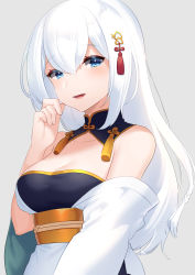 Rule 34 | 1girl, akagi kurage, bare shoulders, blue eyes, breasts, cleavage, copyright request, detached collar, fingernails, grey background, hair between eyes, hair ornament, hand up, heart, heart hair ornament, highres, japanese clothes, kimono, long hair, medium breasts, obi, off shoulder, parted lips, sash, simple background, smile, solo, very long hair, white hair, white kimono