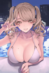 Rule 34 | 1girl, absurdres, arm up, bare arms, bare shoulders, bikini, breast rest, breasts, brown eyes, brown hair, cleavage, collarbone, earrings, grin, gyaru, halterneck, highres, jewelry, kogal, koh (minagi kou), large breasts, long hair, looking at viewer, mole, mole on breast, mole under eye, nail polish, original, paid reward available, pool, purple nails, skindentation, smile, solo, strap gap, string bikini, swimsuit, twintails, v, water, white bikini