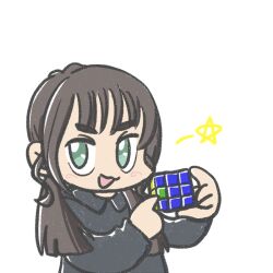 Rule 34 | 1girl, :3, black dress, black hair, commentary request, dress, ferret-san, green eyes, holding, long hair, low twintails, no nose, open mouth, original, photo-referenced, pointing, rubik&#039;s cube, simple background, smile, solo, star (symbol), twintails, white background