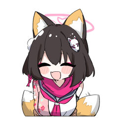 Rule 34 | 1girl, absurdres, animal ear fluff, animal ears, black hair, black sailor collar, blue archive, blush, closed eyes, facing viewer, fami miminmin, fang, fox ears, fox tail, hair between eyes, halo, highres, izuna (blue archive), neckerchief, open mouth, pink halo, pink neckerchief, pink scarf, sailor collar, scarf, school uniform, serafuku, short hair, simple background, skin fang, smile, solo, tail, upper body, white background