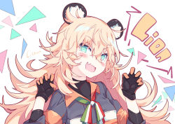 Rule 34 | 1girl, :d, animal ears, artist name, bad id, bad pixiv id, black gloves, blonde hair, bodysuit, girls&#039; frontline, gloves, green eyes, hair between eyes, hands up, highres, italian flag, jacket, lion ears, litsvn, long hair, looking at viewer, messy hair, open mouth, s.a.t.8 (girls&#039; frontline), signature, simple background, smile, solo, tsurime, upper body, wavy mouth, white background