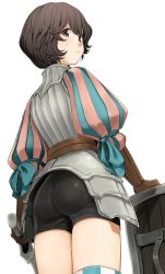 Rule 34 | 1girl, ass, black hair, blush, from behind, gloves, kumadano, looking at viewer, looking back, looking down, puff and slash sleeves, puffy sleeves, rodelero (tree of savior), shield, short hair, solo, striped clothes, striped legwear, striped thighhighs, sweatdrop, sword, swordman (tree of savior), thighhighs, tree of savior, vertical-striped clothes, vertical-striped thighhighs, weapon, white background