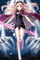 Rule 34 | 1girl, barefoot, blonde hair, cape, earrings, ereshkigal (fate), fate/grand order, fate (series), full body, hair ribbon, jewelry, long hair, looking at viewer, open mouth, polearm, red cape, red eyes, ribbon, shiseki hirame, skeletal arm, skull, solo, spear, tiara, tohsaka rin, twintails, two side up, weapon