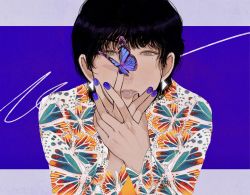 Rule 34 | 1girl, animal print, black hair, blue background, blue butterfly, blue nails, bug, butterfly, butterfly print, earrings, grey eyes, hands up, highres, insect, jewelry, looking at viewer, mole, mole under eye, nail polish, original, own hands together, parted lips, print shirt, shirt, short hair, solo, toktin zq, upper body