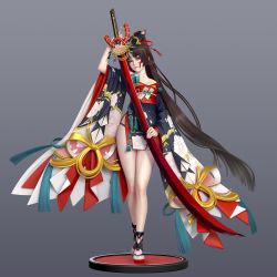 Rule 34 | 1girl, 3d, arm up, bare legs, breasts, brown hair, bursting breasts, danny912, facial mark, faux figurine, high ponytail, highres, holding, holding sword, holding weapon, japanese clothes, katana, long hair, looking to the side, nail polish, official alternate costume, onmyoji, red eyes, red nails, rope, sandals, solo, sword, tabi, tassel, very long hair, weapon, wide sleeves, yaodao ji, youtou hime (onmyoji)