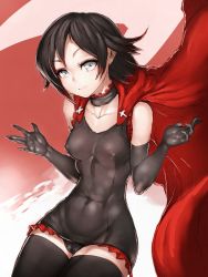 Rule 34 | 1girl, bare shoulders, black hair, cameltoe, cape, choker, covered navel, elbow gloves, covered erect nipples, fumio (rsqkr), gloves, light smile, looking at viewer, ruby rose, rwby, short hair, skindentation, solo, thighs