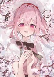 Rule 34 | 1girl, absurdres, beret, cherry blossoms, dress, hair flaps, harusame (kancolle), hat, highres, kantai collection, own fingers together, picoli1313, pink dress, pink eyes, pink hair, puffy short sleeves, puffy sleeves, short sleeves, side ponytail, solo