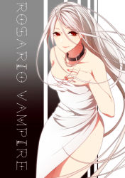Rule 34 | 00s, 1girl, absurdres, akashiya moka, bare shoulders, breasts, choker, cleavage, copyright name, dress, highres, inner moka, jewelry, long hair, looking at viewer, nail polish, necklace, pearl necklace, red eyes, rosario+vampire, sakiryo kanna, side slit, silver hair, smile, solo, strapless, strapless dress, very long hair, white dress