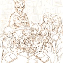 Rule 34 | absurdres, ahoge, alisaie leveilleur, alphinaud leveilleur, animal ears, bare shoulders, blanket, book, book stack, book stand, bookshelf, bow, braid, breasts, cat ears, choker, cleavage, cleavage cutout, closed eyes, closed mouth, clothing cutout, collarbone, couch, drooling, earrings, elbow gloves, eyes visible through hair, facial mark, feather earrings, feathers, final fantasy, final fantasy xiv, fingerless gloves, food, fur trim, g&#039;raha tia, gaia (ff14), glasses, gloves, greyscale, hair between eyes, hair bow, hair over one eye, hand on own cheek, hand on own face, hatching (texture), head rest, highres, hjz (artemi), holding, holding plate, holding tray, hyur, indoors, jewelry, leaning on person, long hair, long sleeves, looking at another, medium hair, miqo&#039;te, monochrome, one eye closed, open book, open mouth, pinky ring, plate, pointy ears, puffy sleeves, ring, ryne waters, saliva, sandwich, scarf, sitting, sketch, sleeping, sleeping on person, sleeves past wrists, smile, sweat, table, tray, unfinished, whisker markings, wide sleeves, y&#039;shtola rhul