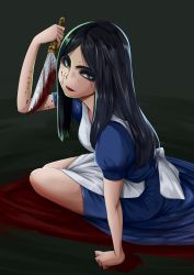 Rule 34 | 1girl, alice: madness returns, alice (alice in wonderland), american mcgee&#039;s alice, apron, black hair, blood, closed mouth, dress, green eyes, highres, knife, lipstick, long hair, looking at viewer, makeup, pikolos, solo