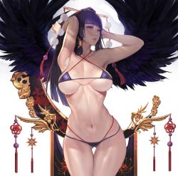 Rule 34 | 1girl, absurdres, armpits, arms up, bare arms, bare legs, bare shoulders, bikini, black hair, black wings, blunt bangs, breasts, cleavage, covered erect nipples, criss-cross halter, dated, dead or alive, dead or alive 5, feathered wings, female focus, gtunver, hair ornament, halterneck, hat, highleg, highleg bikini, highleg swimsuit, highres, hime cut, large breasts, legs, long hair, lowleg, lowleg bikini, micro bikini, narrow waist, navel, nyotengu, panties, purple bikini, purple hair, resized, sidelocks, simple background, skindentation, solo, standing, stomach, swimsuit, thigh gap, tokin hat, underboob, underwear, upscaled, white background, wide hips, wings